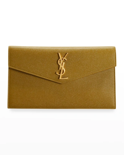 Saint Laurent Uptown Medium Ysl Monogram Grain De Poudre Pouch Bag In Olive Drab