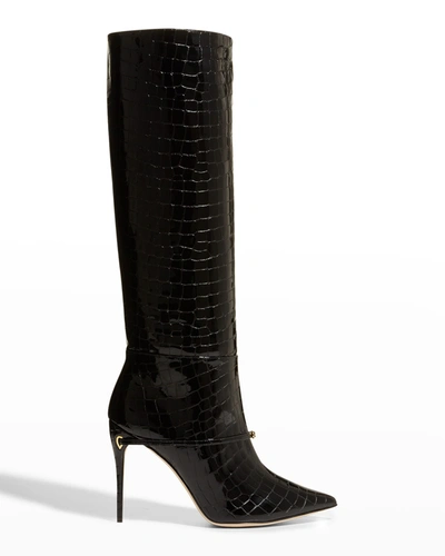Jennifer Chamandi Cece 105mm Mock-croc Patent Boots In Croc Embossed