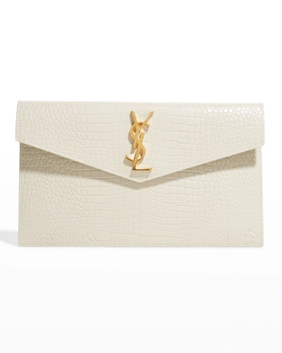 Saint Laurent Uptown Medium Ysl Monogram Croc-embossed Pouch Bag In Crema Soft