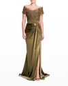 MARCHESA BEADED OFF-THE-SHOULDER DRAPED GOWN,PROD244490005