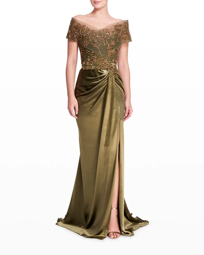 Marchesa Beaded Off-the-shoulder Draped Gown In Cardamom