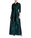 Rickie Freeman For Teri Jon Belted Jacquard Shirtdress Gown In Navy Multi
