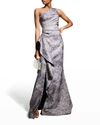 Rickie Freeman For Teri Jon One-shoulder Jacquard Side-ruffle Gown In Pink/lilac