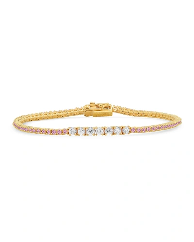Jennifer Meyer Small 4-prong Accent Diamond And Pink Sapphire Tennis Bracelet In Yg