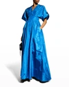 Carolina Herrera Wide-sleeve Shirt Ball Gown W/ Pockets In Baltic Blue