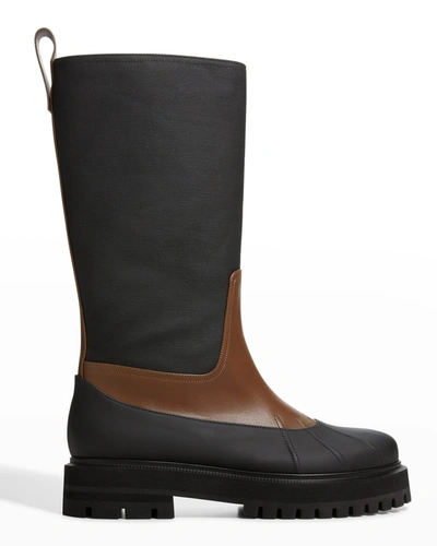 Loro Piana Regent Fishing Leather And Coated-canvas Rain Boots In Blackfossil Wood