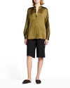 Vince Band-collar Silk Blouse In Olive Erba