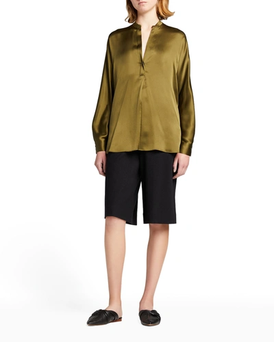 Vince Band-collar Silk Blouse In Olive Erba