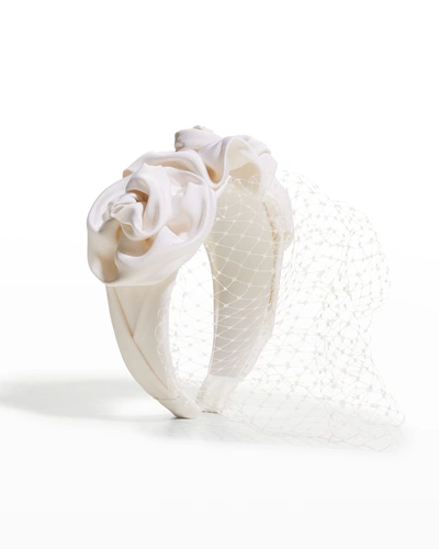 Jennifer Behr Triple Rosette Voilette Headband W/ Fishnet Veil In Cream