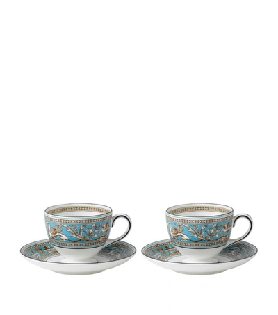 Wedgwood Florentine Turquoise Teacups And Saucers (set Of 2) In Blue