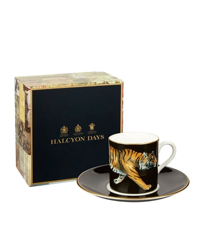 Halcyon Days Tiger Coffee Cup And Saucer In Black