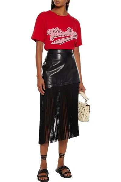 Valentino Embellished Cotton-jersey T-shirt In Red