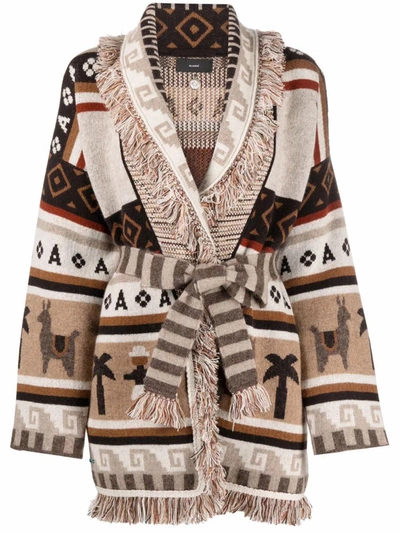 Alanui The Long Way To Ushuaia Belted Fringed Cashmere-blend Jacquard Cardigan In Brown