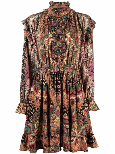 Etro Gathered Printed Wool And Silk-blend Twill Mini Dress In Multicolor
