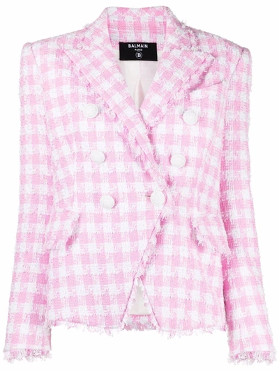 Balmain Frayed Checked Cotton-blend Tweed Blazer In Pink