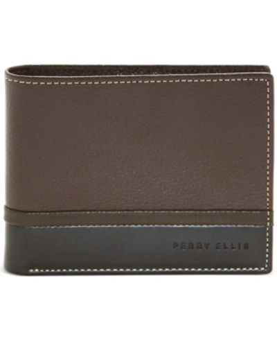 Perry Ellis Portfolio Men's Pebble Smooth Contrast Bifold Wallet In Brown