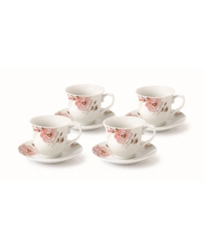 Lorren Home Trends Floral 8 Piece 8oz Tea Or Coffee Cup And Saucer Set, Service For 4 In Pink