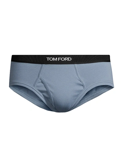 Tom Ford Stretch-cotton Logo Briefs In Steel Blue