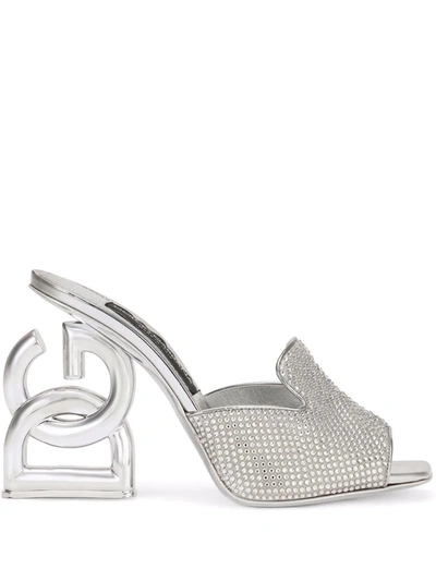 Dolce & Gabbana Dg-heel Gemstone-embellished Mules In Silver