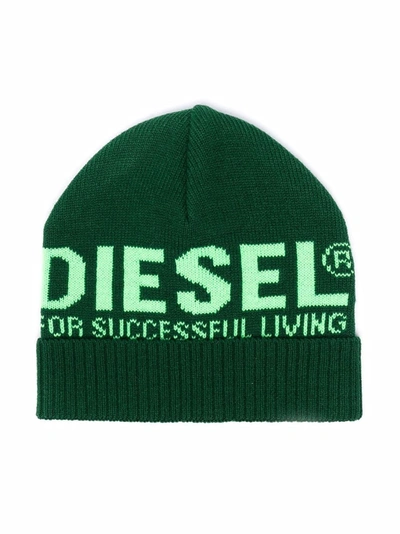 Diesel Kids' Logo Knit Beanie In Green