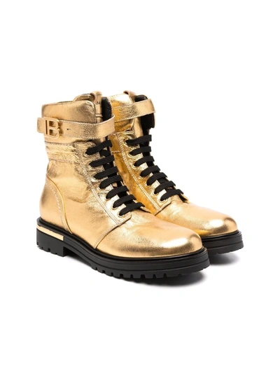 Balmain Teen B Plaque Metallic Ankle Boots In Gold