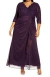 Alex Evenings Beaded Lace Bodice Empire Waist Gown In Eggplant