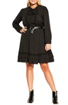 City Chic Precious Belted Long Sleeve A-line Dress In Black