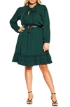 City Chic Precious Belted Long Sleeve A-line Dress In Jade