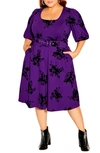 City Chic Belted Velvet Floral A-line Dress In Petunia