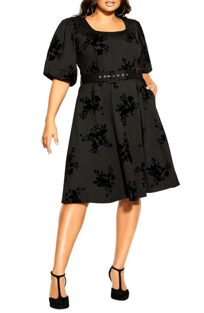 City Chic Belted Velvet Floral A-line Dress In Black