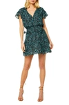 Misa Lyra Printed Metallic-weave Chiffon Mini Dress In Teal Shimmer Lurex