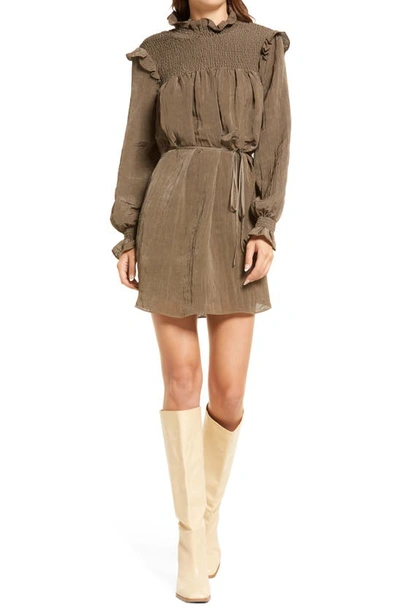 French Connection Boza Smock Detail Long Sleeve Dress In Deep Moss