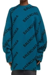 Balenciaga Logo Wool-blend Oversized Sweater In 2470 Petrol Blue/ Black