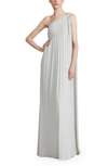 Halston Evening Priya Metallic Knit Pleated One Shoulder Gown In Silver