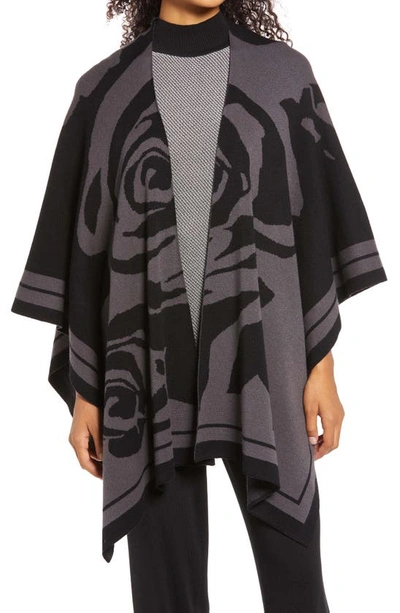 Ming Wang Oversized Floral Ultra-soft Knit Wrap In Granite/black