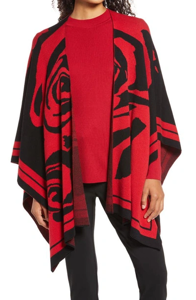 Ming Wang Oversized Floral Ultra-soft Knit Wrap In Crimson/black