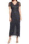 Pisarro Nights Beaded Mesh Column Gown In Slate/ Copper