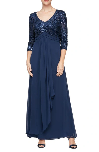 Alex Evenings Sequin Three-quarter Sleeve Evening Gown In Navy