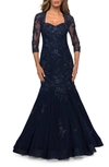 La Femme Long Lace Mermaid Gown With Square Neckline In Navy