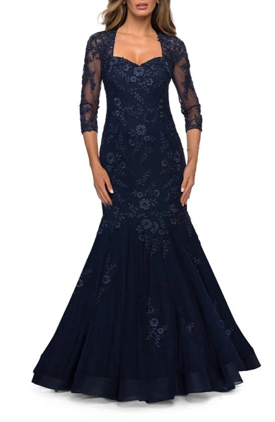La Femme Long Lace Mermaid Gown With Square Neckline In Navy