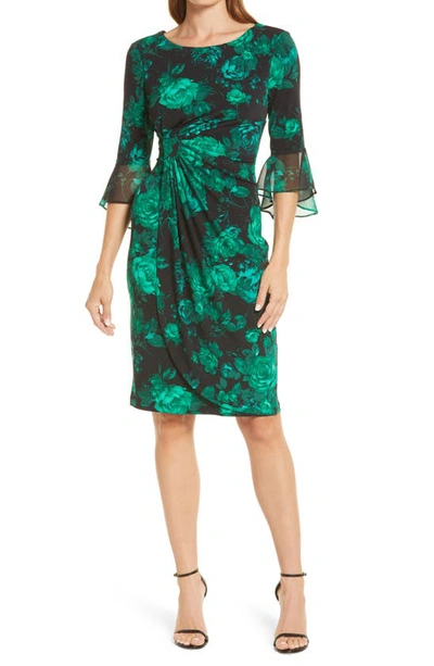 Connected Apparel Floral Chiffon Bell Sleeve Dress In Emerald