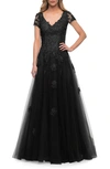 La Femme Floral Appliqué Tulle A-line Gown In Black