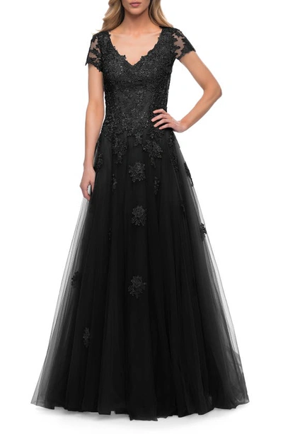 La Femme Floral Appliqué Tulle A-line Gown In Black