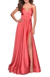 La Femme Satin Empire Waist Sleeveless Gown In Coral