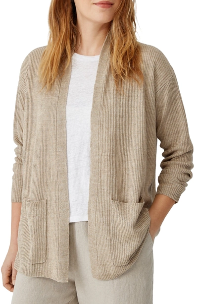 Eileen Fisher Shawl Collar Organic Linen Cardigan In Khaki