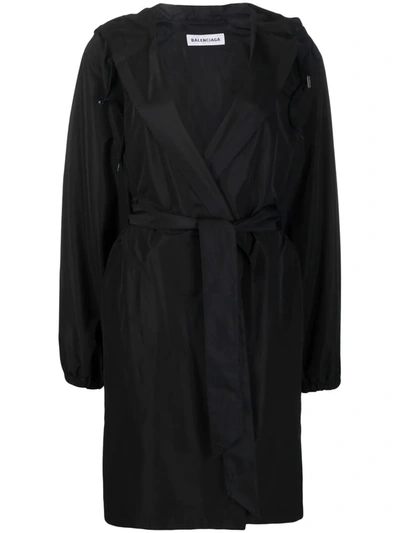 Balenciaga Belted Hooded Raincoat In Black