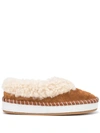 Tory Burch Suede Shearling Logo Loafer Slippers In Rhum / Buttermilk