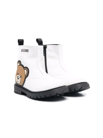 Moschino Kids' Teddy Bear-embellished Ankle Boots In Bianca