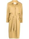 Low Classic Mustard Colored Leatheret Trench Coat With Belt In Yellow