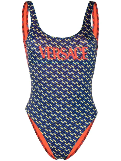 Versace 几何图案印花连体泳衣 In Blue